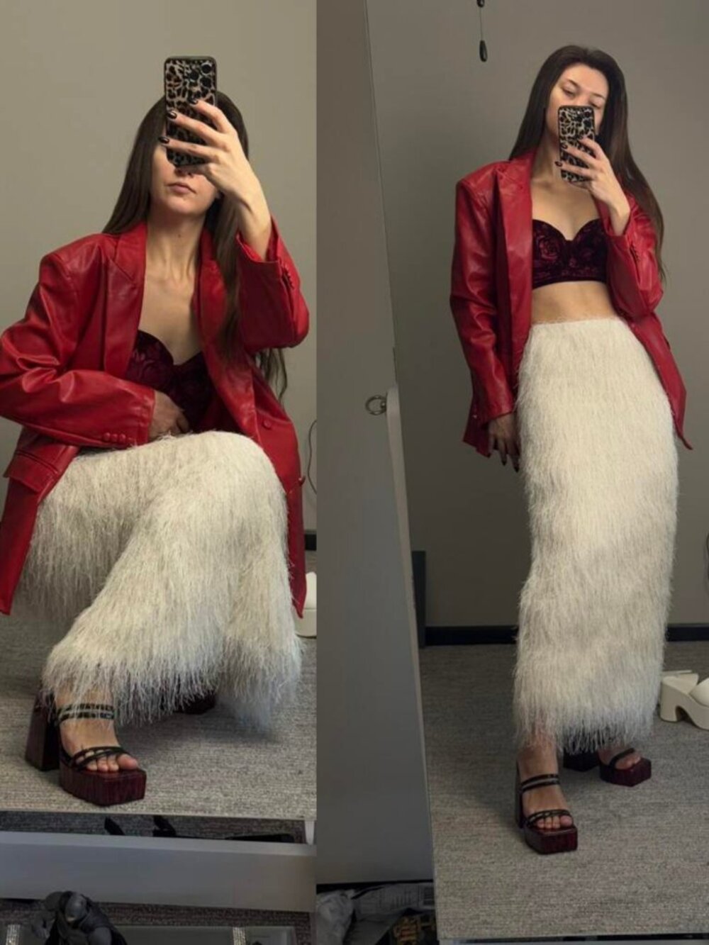 Women’s White Feather Fringe Maxi Skirt Elegant High Slit Statement Skirt - Picture 2 of 8